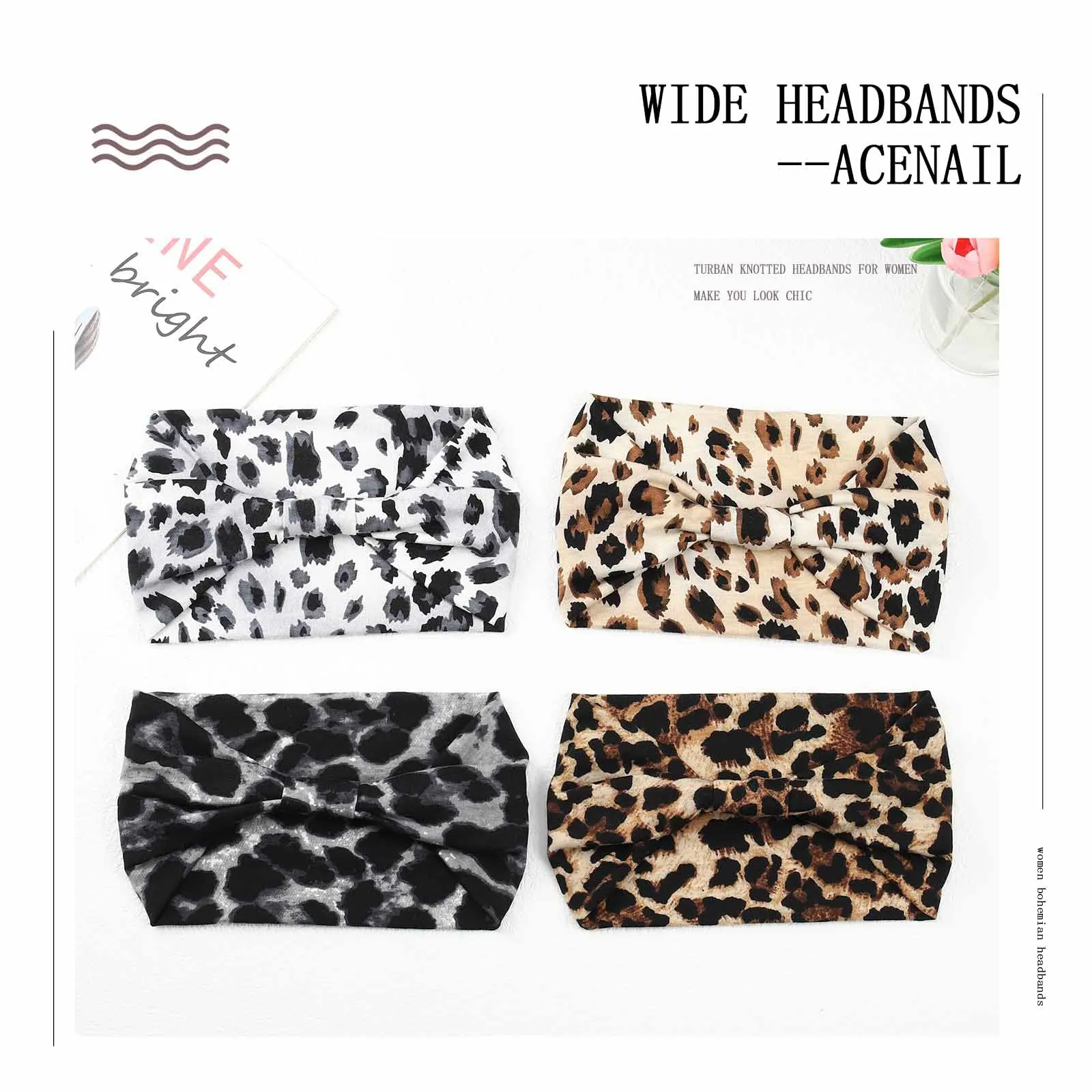 Acenail Wide Headbands Women Knotted Turban Headband Elastic Non Slip Hairbands Boho Head Wraps Workout Leopard Yoga Cotton Hair Scarfs Fashion Hair Accessories for Women 4Pcs (Leopard)