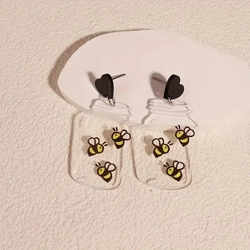 Acrylic Bee Bottle Design Dangle Earrings – Cute Cartoon Animal Playful Style, Everyday Casual Chic Jewelry, Perfect Gift