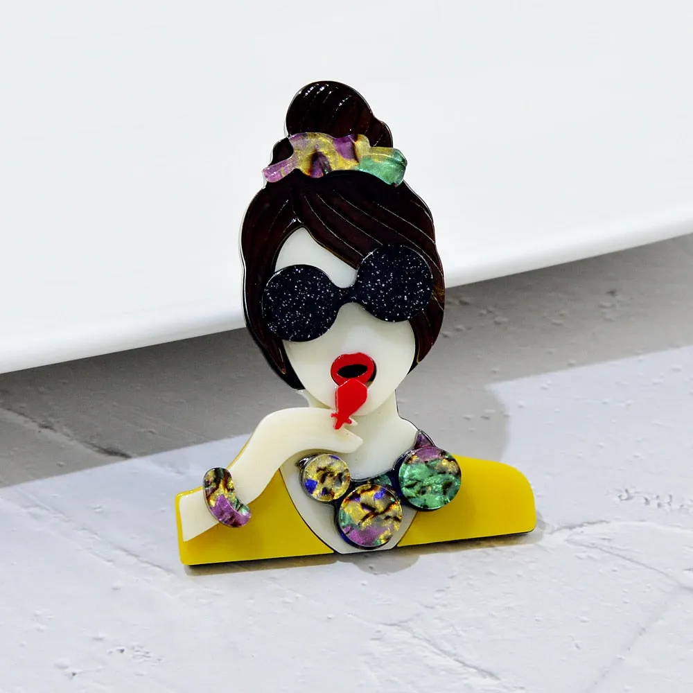 Acrylic Cute Eating Girl Brooch Pin Modern Fashion Acetate Fiber Jewelry