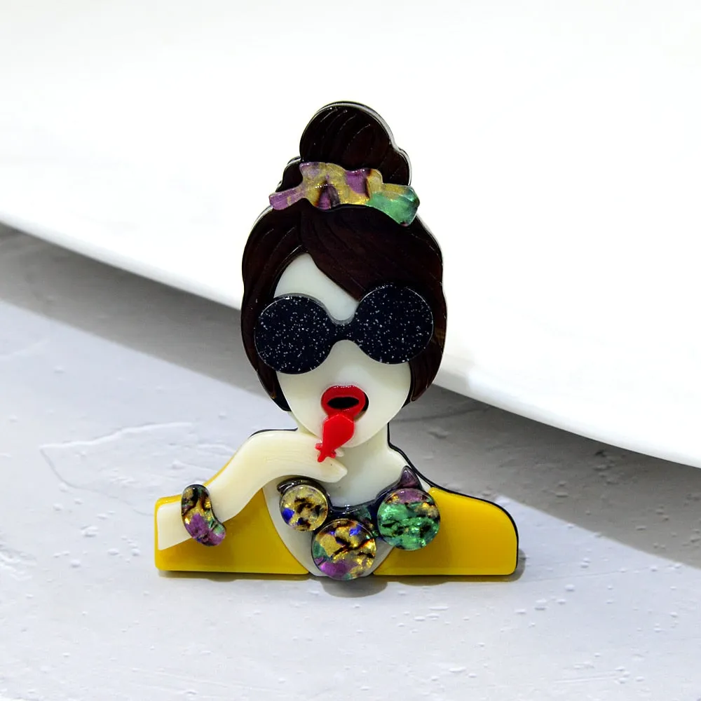 Acrylic Cute Eating Girl Brooch Pin Modern Fashion Acetate Fiber Jewelry