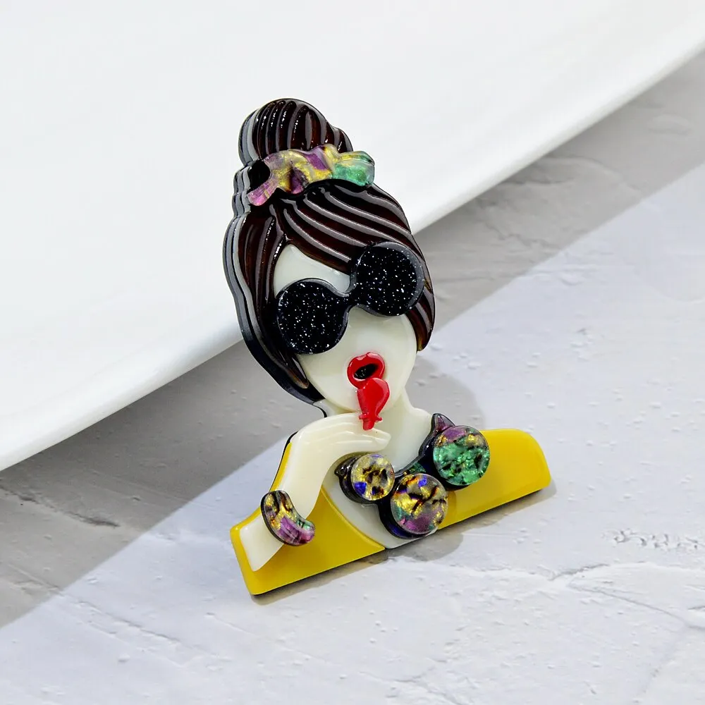 Acrylic Cute Eating Girl Brooch Pin Modern Fashion Acetate Fiber Jewelry