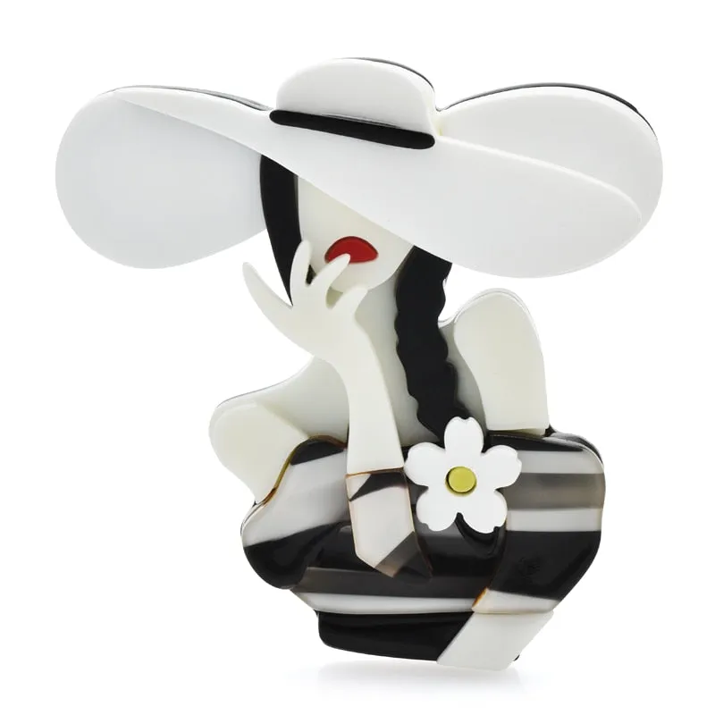 Acrylic Sexy Lady Brooches For Women 2-color Wear Big Sunhat Brooch
