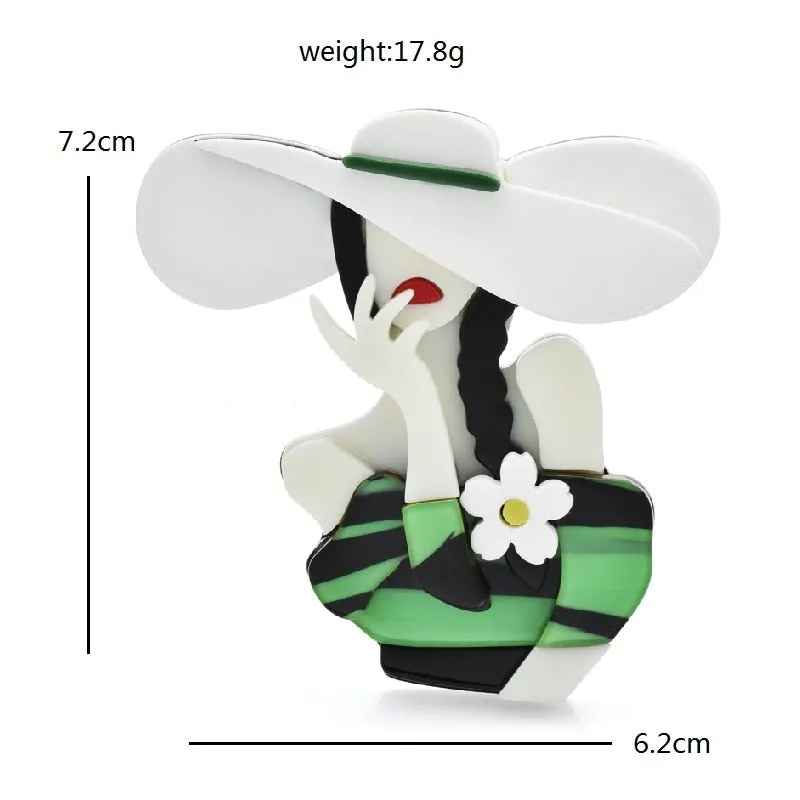 Acrylic Sexy Lady Brooches For Women 2-color Wear Big Sunhat Brooch