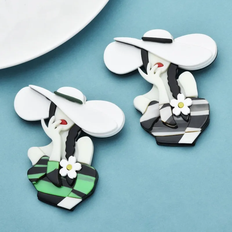 Acrylic Sexy Lady Brooches For Women 2-color Wear Big Sunhat Brooch