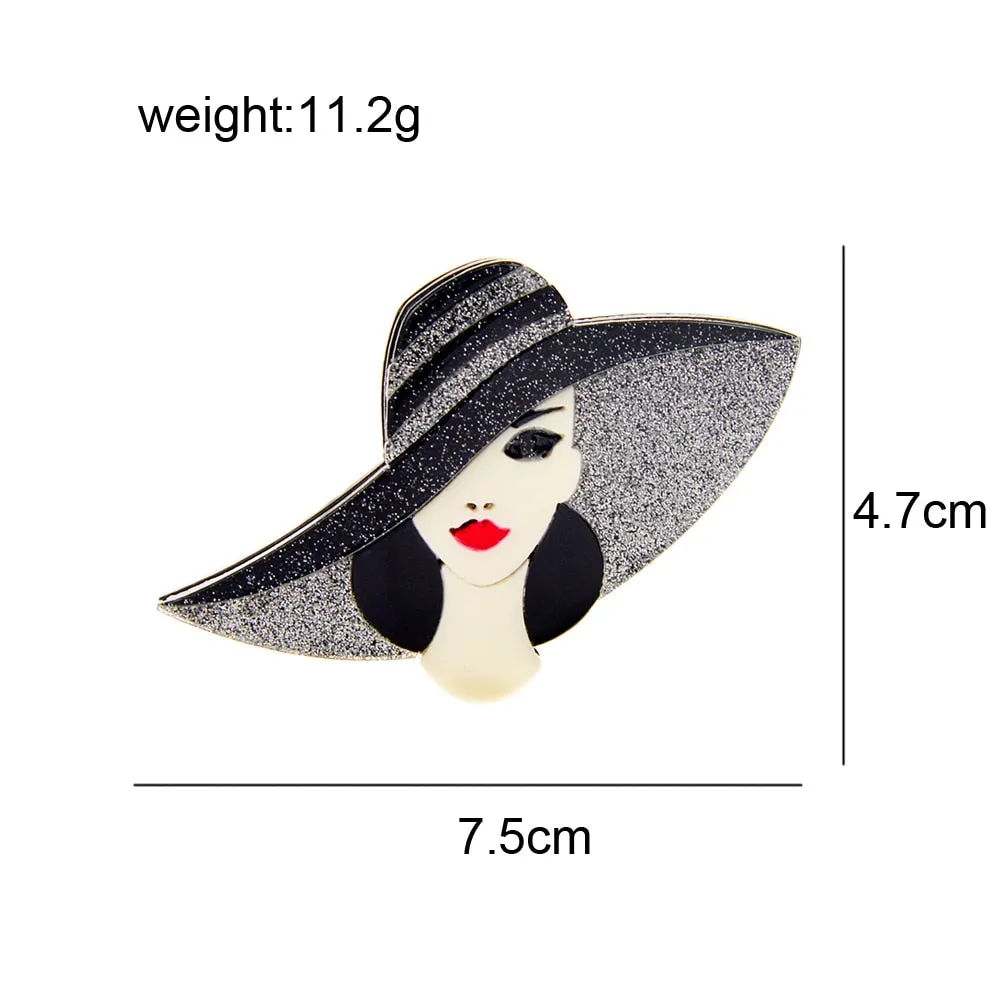 Acrylic Wear Big Hat Beautiful Lady Brooch Acetate Fiber Pin Elegant Women