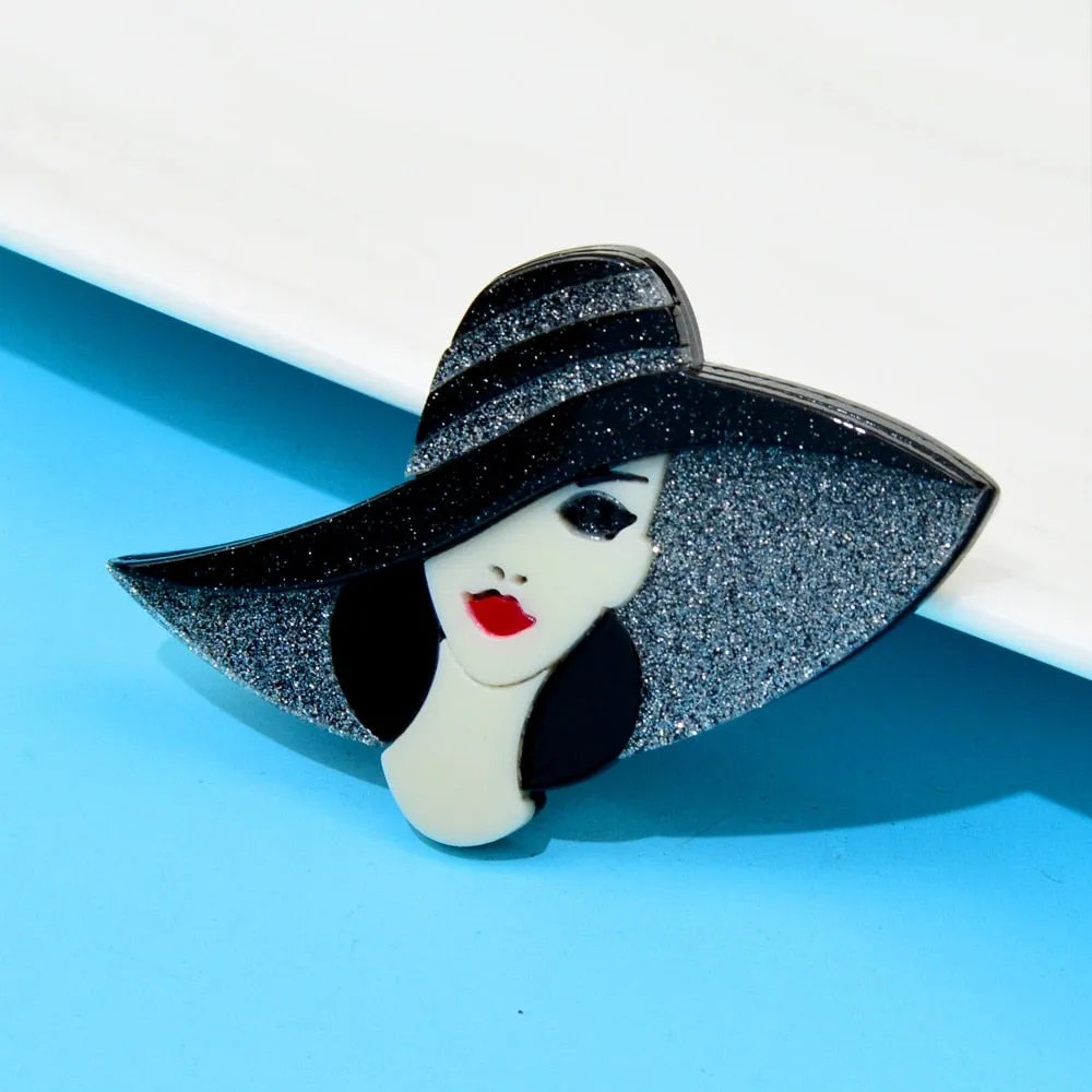 Acrylic Wear Big Hat Beautiful Lady Brooch Acetate Fiber Pin Elegant Women