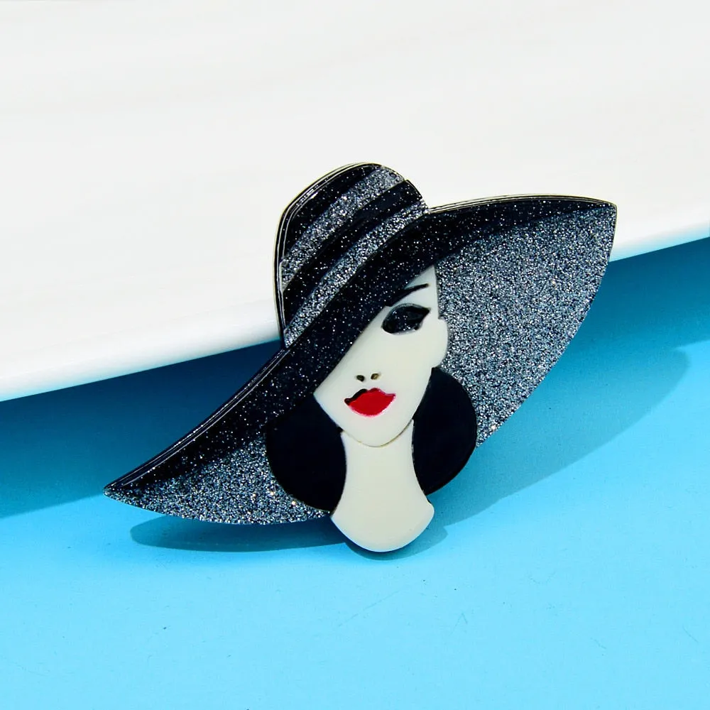 Acrylic Wear Big Hat Beautiful Lady Brooch Acetate Fiber Pin Elegant Women