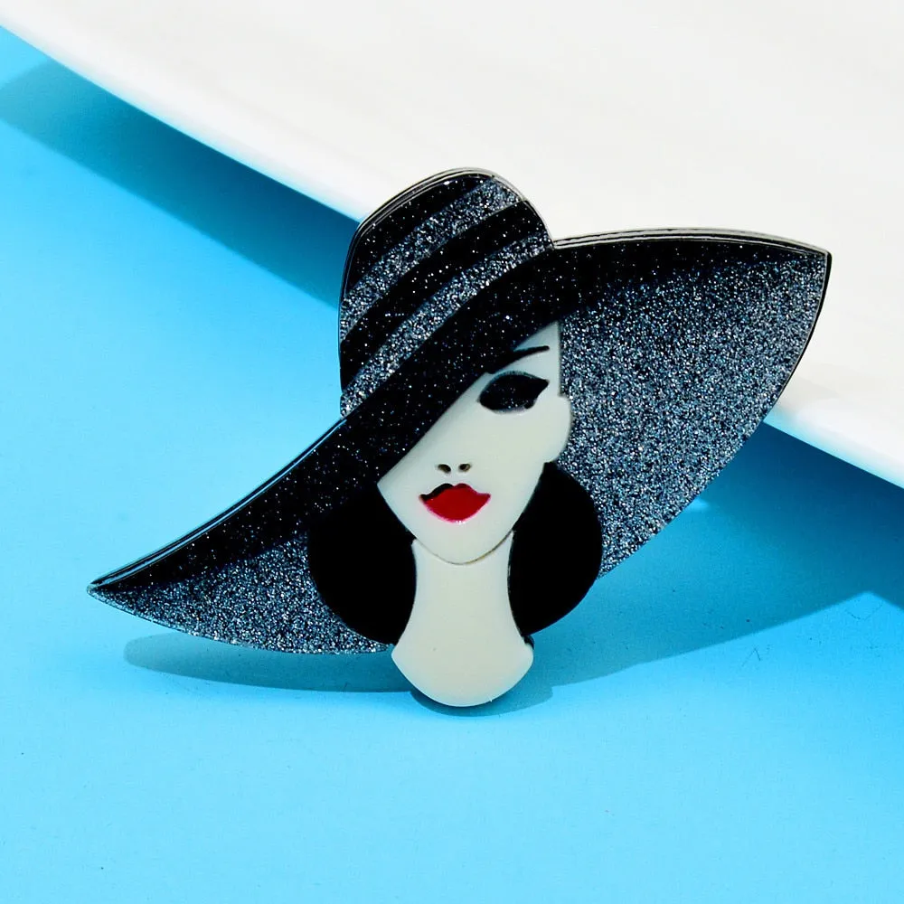 Acrylic Wear Big Hat Beautiful Lady Brooch Acetate Fiber Pin Elegant Women