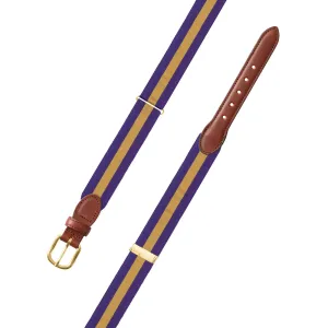 Adjustable Purple & Gold Grosgrain Belt with Brown Leather Tabs
