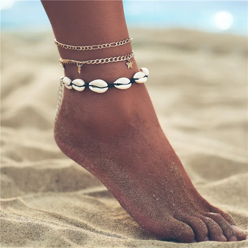 Adjustable String Macrame Mussel Sea Shell Cowrie Ankle