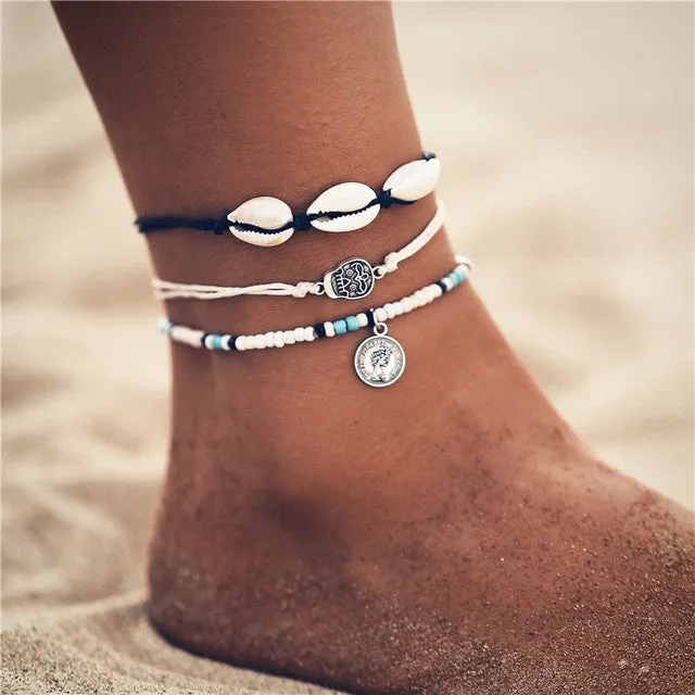 Adjustable String Macrame Mussel Sea Shell Cowrie Ankle