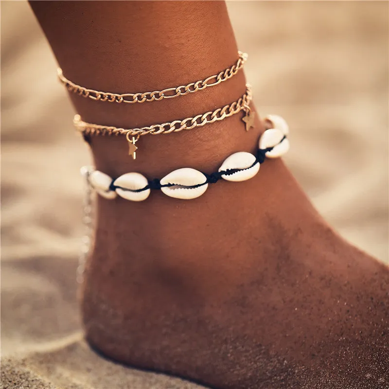 Adjustable String Macrame Mussel Sea Shell Cowrie Ankle