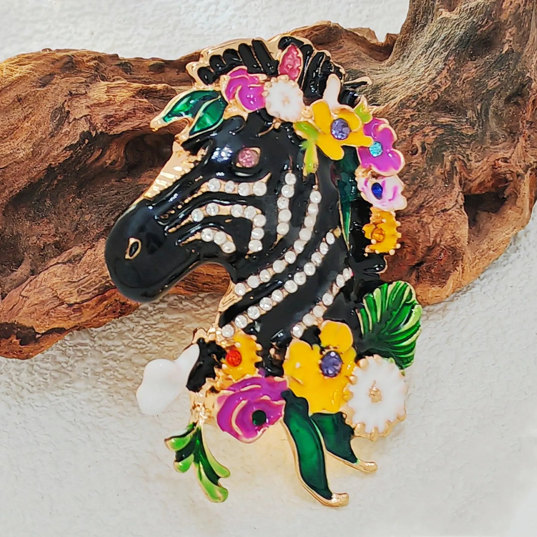Adorable Floral Crystal and Enamel Zebra Heda Brooch Cute Animal Jewelry