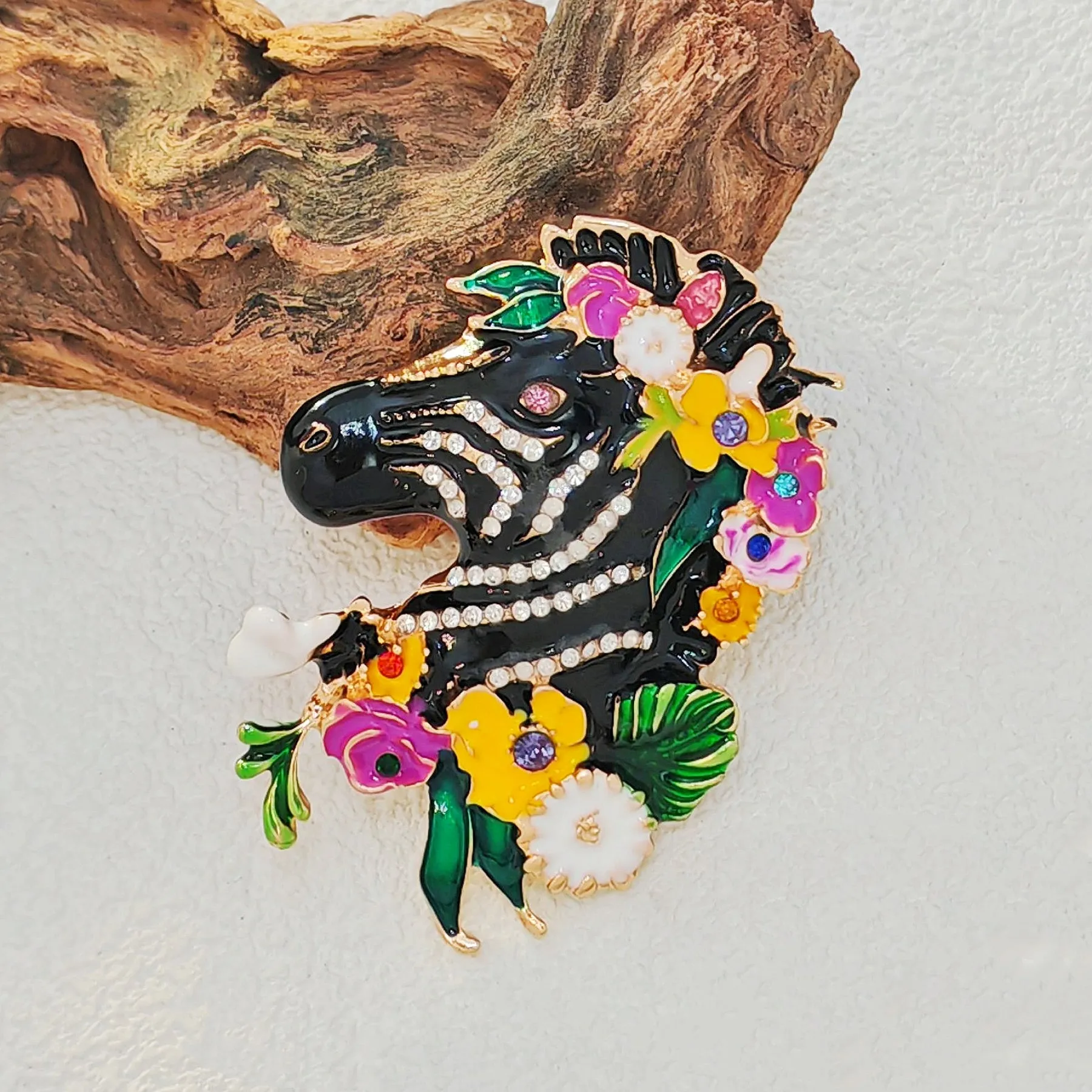 Adorable Floral Crystal and Enamel Zebra Heda Brooch Cute Animal Jewelry