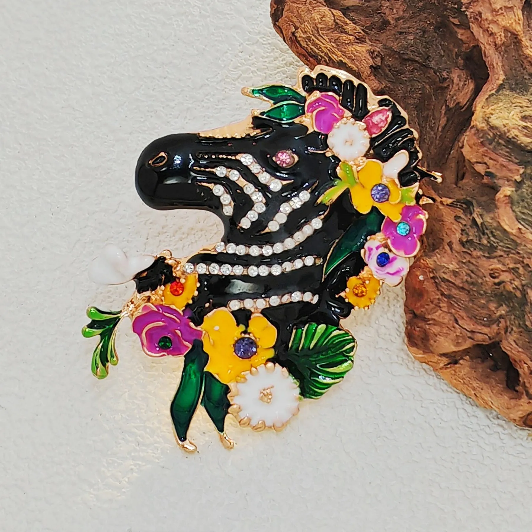 Adorable Floral Crystal and Enamel Zebra Heda Brooch Cute Animal Jewelry