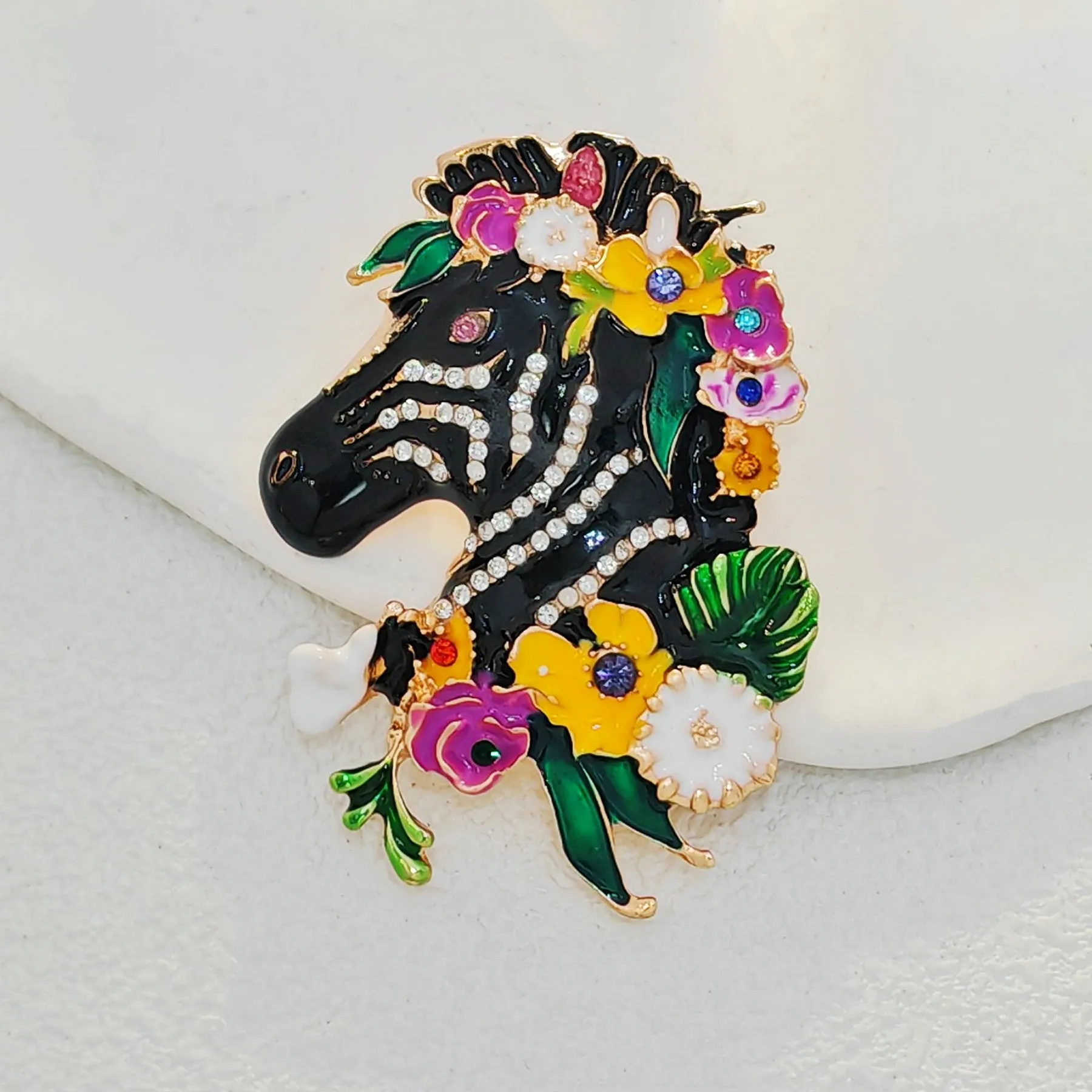 Adorable Floral Crystal and Enamel Zebra Heda Brooch Cute Animal Jewelry