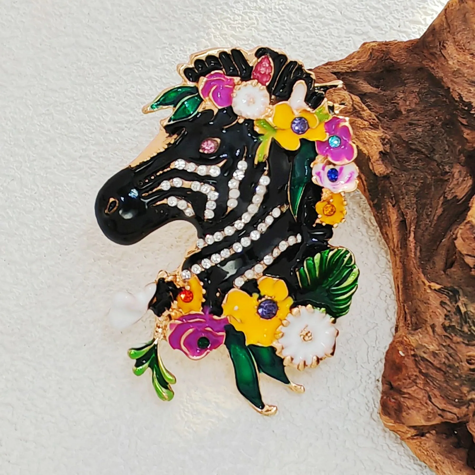 Adorable Floral Crystal and Enamel Zebra Heda Brooch Cute Animal Jewelry