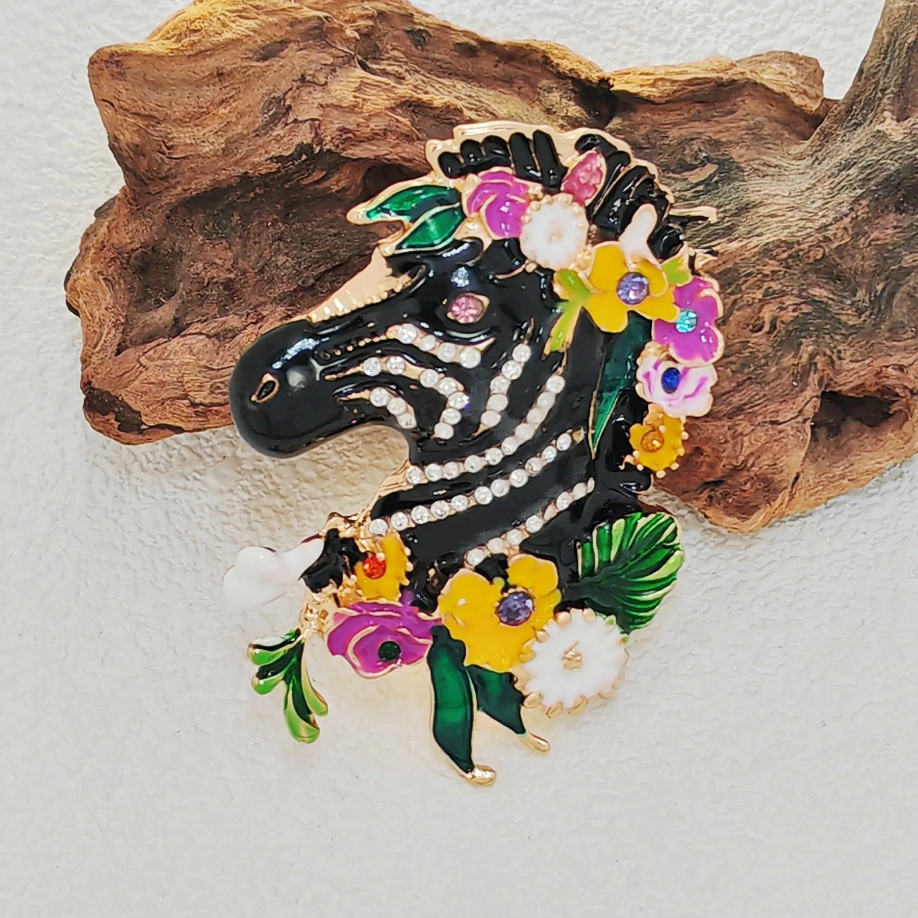 Adorable Floral Crystal and Enamel Zebra Heda Brooch Cute Animal Jewelry