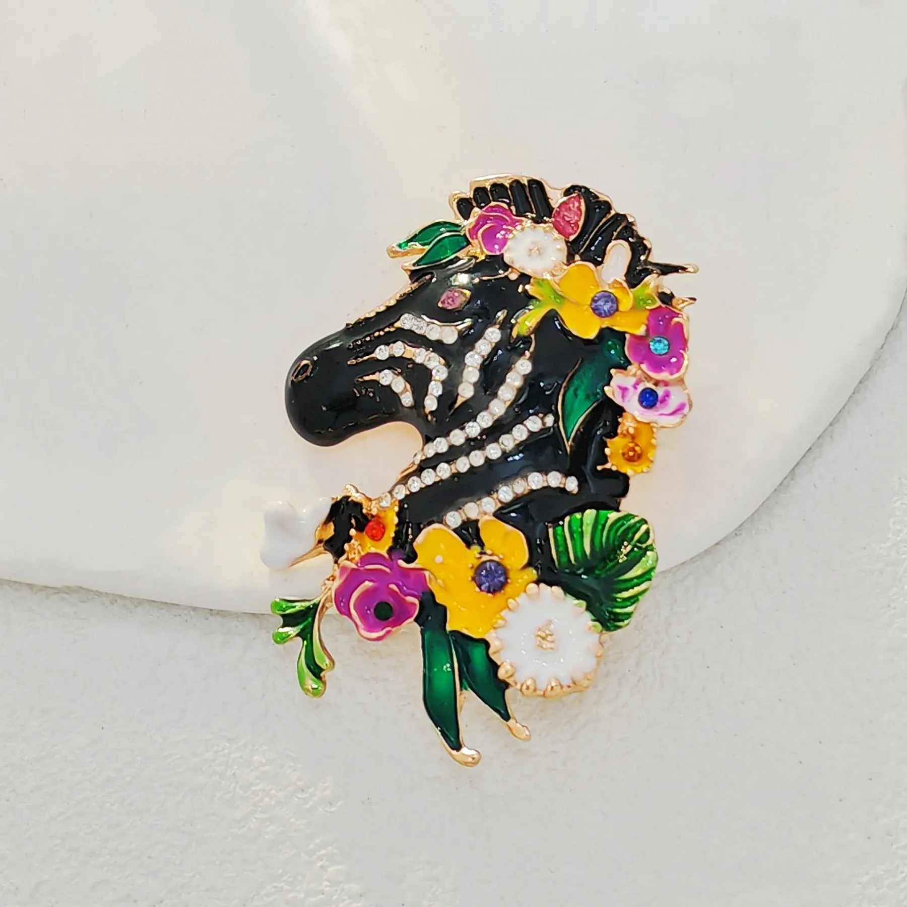 Adorable Floral Crystal and Enamel Zebra Heda Brooch Cute Animal Jewelry