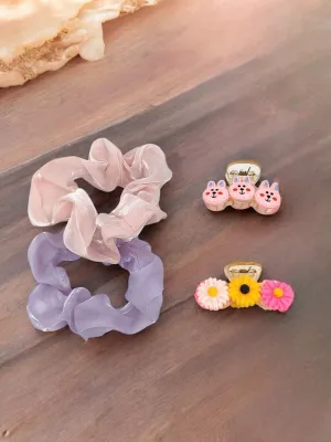 Adorable Scrunchies and Hair Clips Set for Girls - Pink, Purple and Multicolor