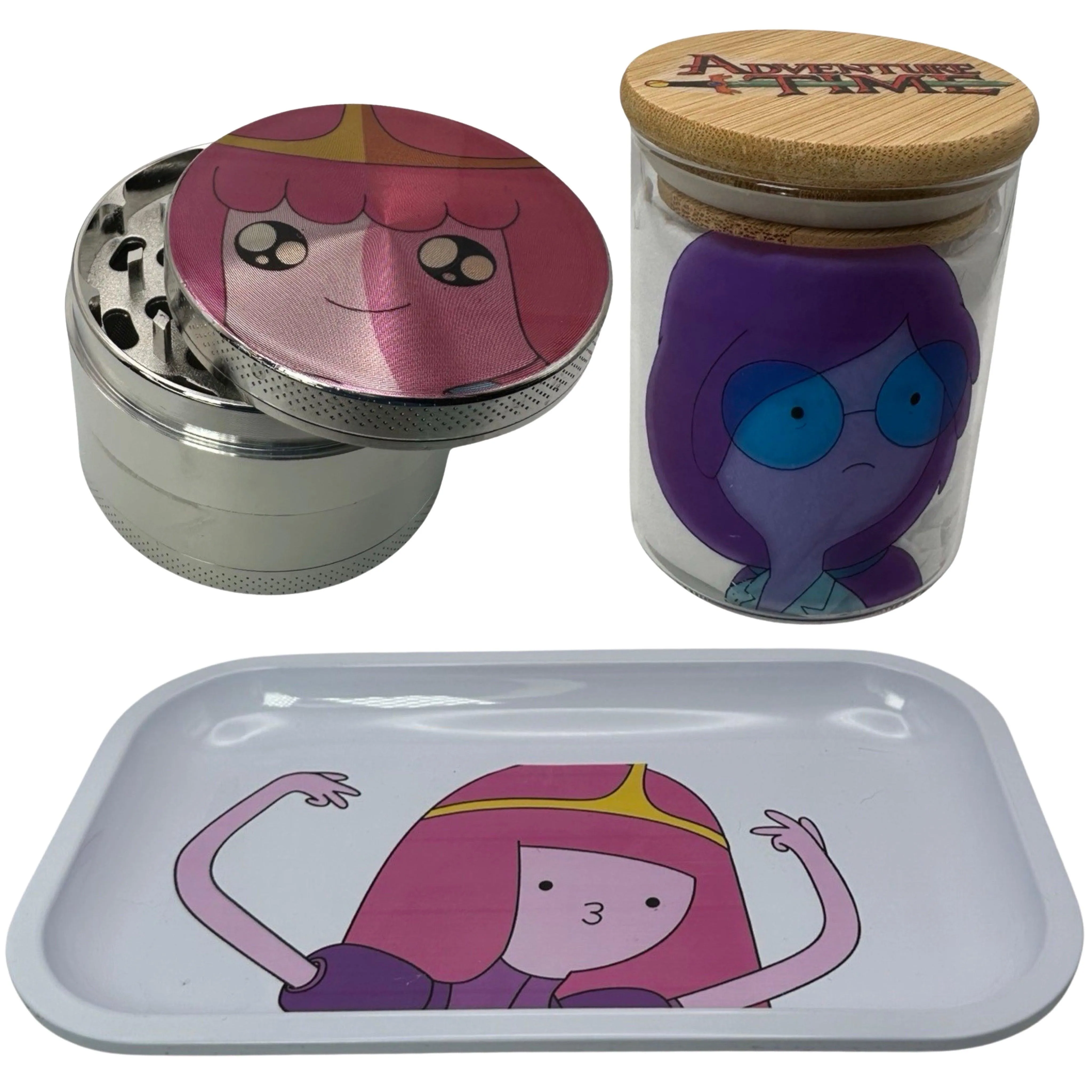 Adventure Time Cartoon Spice Grinder, Stash Jar, Rolling Tray Set