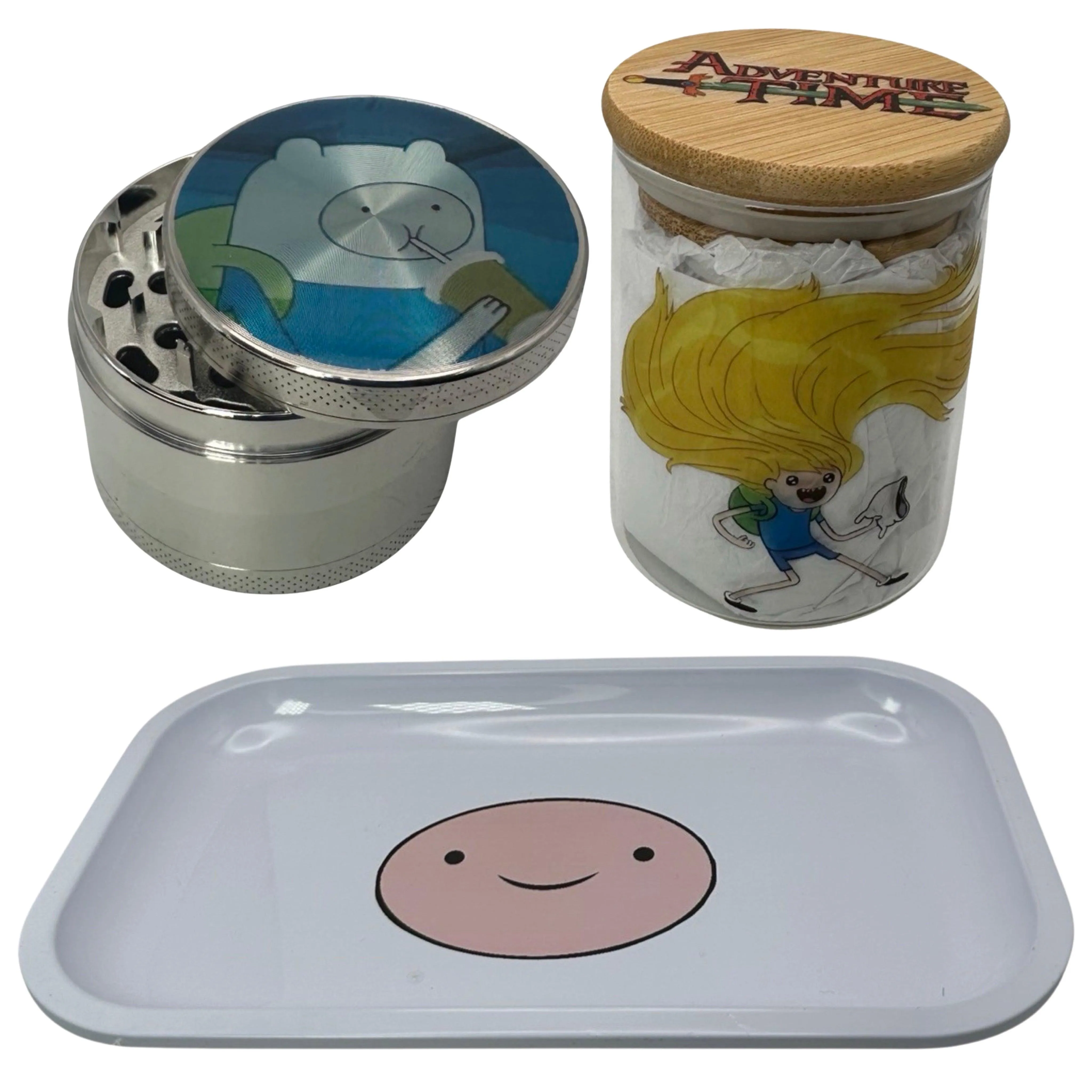 Adventure Time Cartoon Spice Grinder, Stash Jar, Rolling Tray Set
