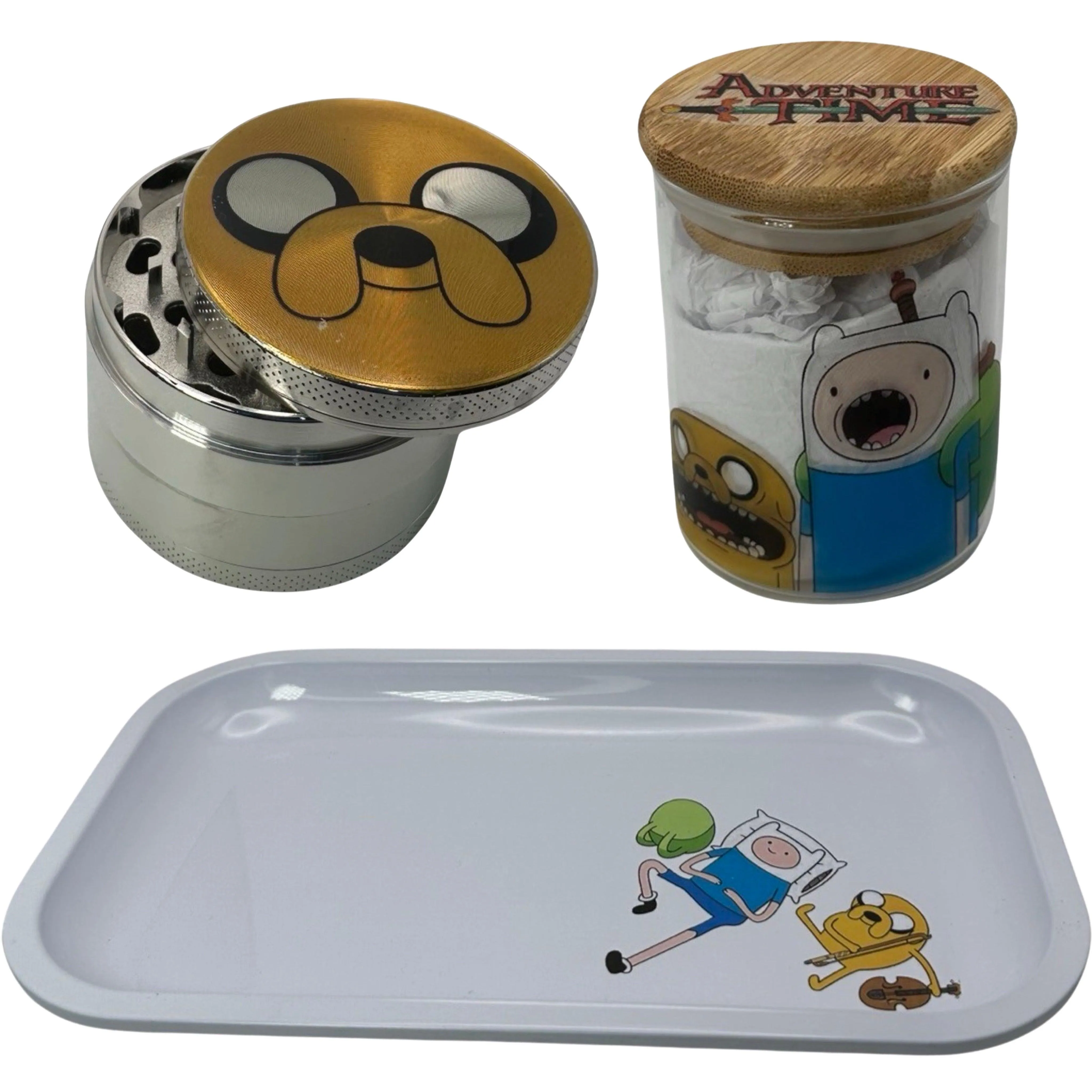 Adventure Time Cartoon Spice Grinder, Stash Jar, Rolling Tray Set