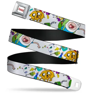 ADVENTURE TIME Title Logo Full Color White Seatbelt Belt - Adventure Time Jake and Finn Open Pack Pose White Webbing