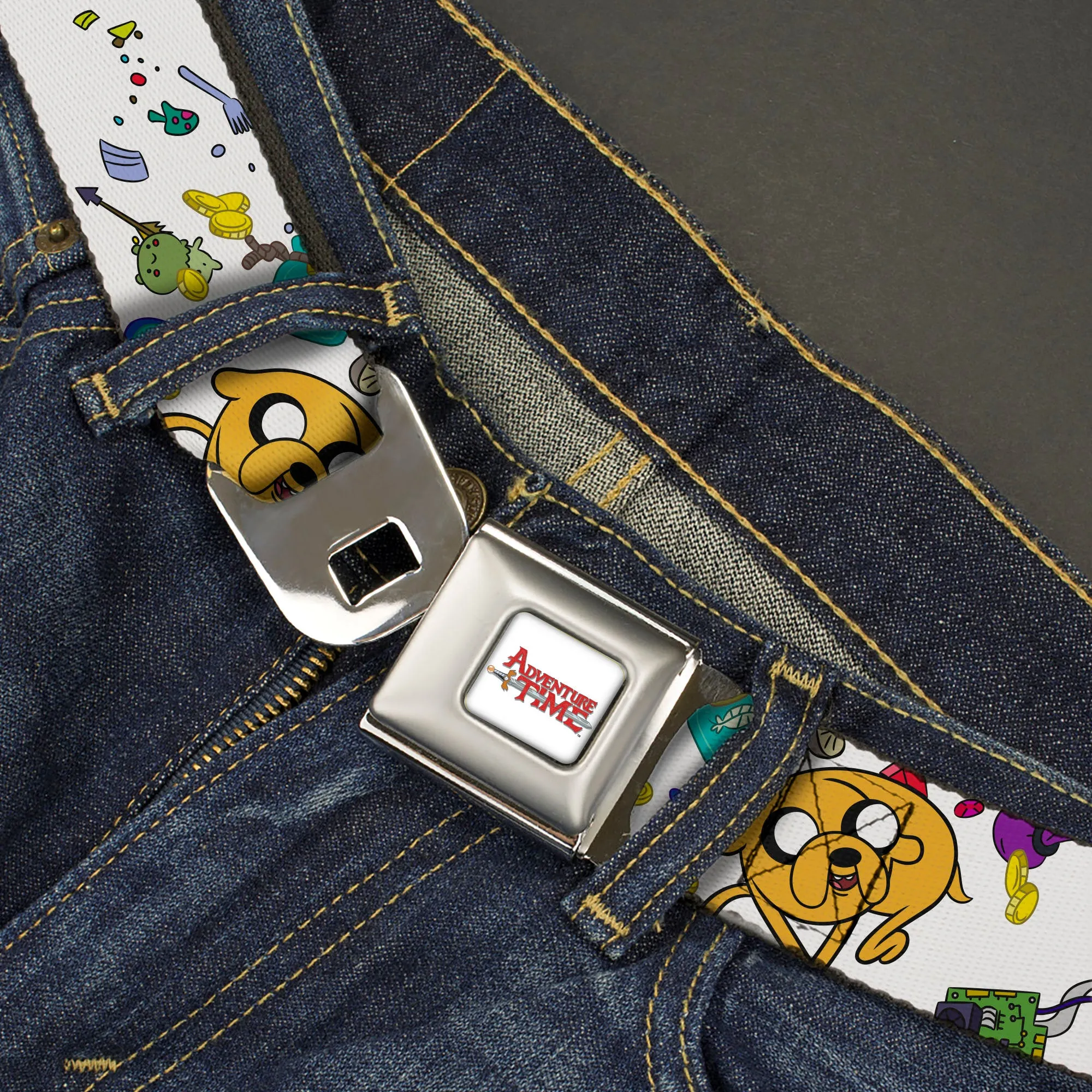 ADVENTURE TIME Title Logo Full Color White Seatbelt Belt - Adventure Time Jake and Finn Open Pack Pose White Webbing