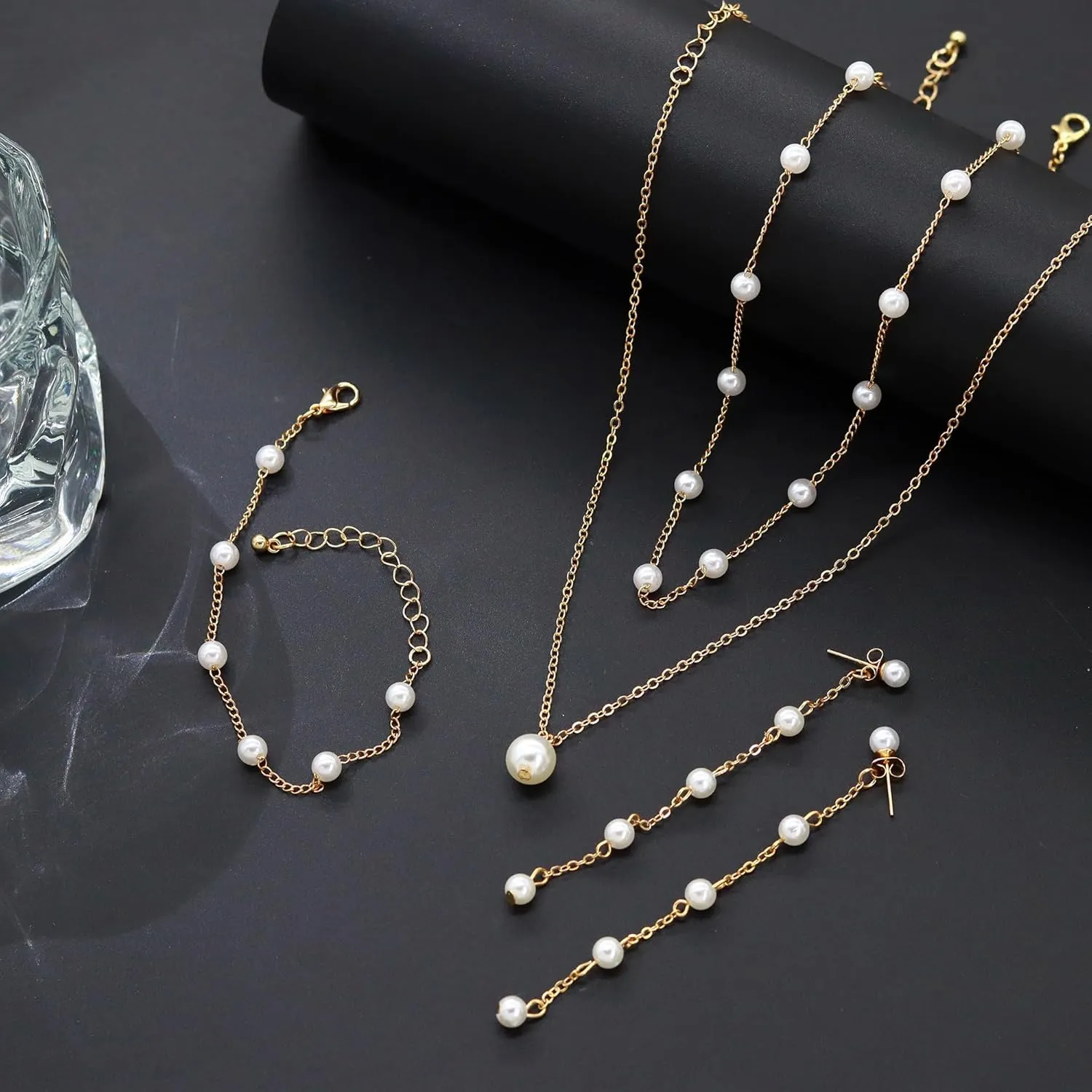 AILUOR Gold Jewelry Set for Women - 14K Gold Plated Pearl Necklace & Earring Set with Drop Earrings, Bracelets, Choker Necklace - Dainty Wedding Pearl Jewelry