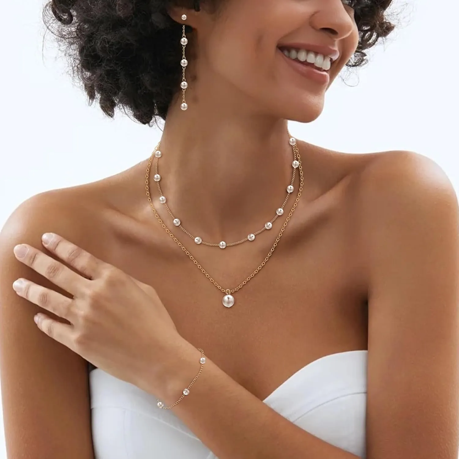 AILUOR Gold Jewelry Set for Women - 14K Gold Plated Pearl Necklace & Earring Set with Drop Earrings, Bracelets, Choker Necklace - Dainty Wedding Pearl Jewelry