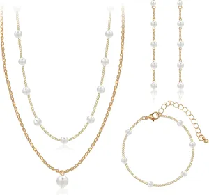AILUOR Gold Jewelry Set for Women - 14K Gold Plated Pearl Necklace & Earring Set with Drop Earrings, Bracelets, Choker Necklace - Dainty Wedding Pearl Jewelry