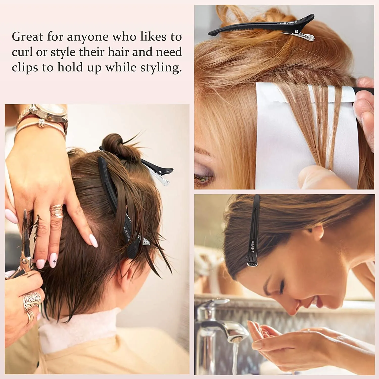 AIMIKE 12pcs Professional Hair Clips for Styling Sectioning, Non Slip No-Trace Duck Billed Hair Clips with Silicone Band, Salon and Home Hair Cutting Clips for Hairdresser, Women, Men - Black 4.3” 12 black