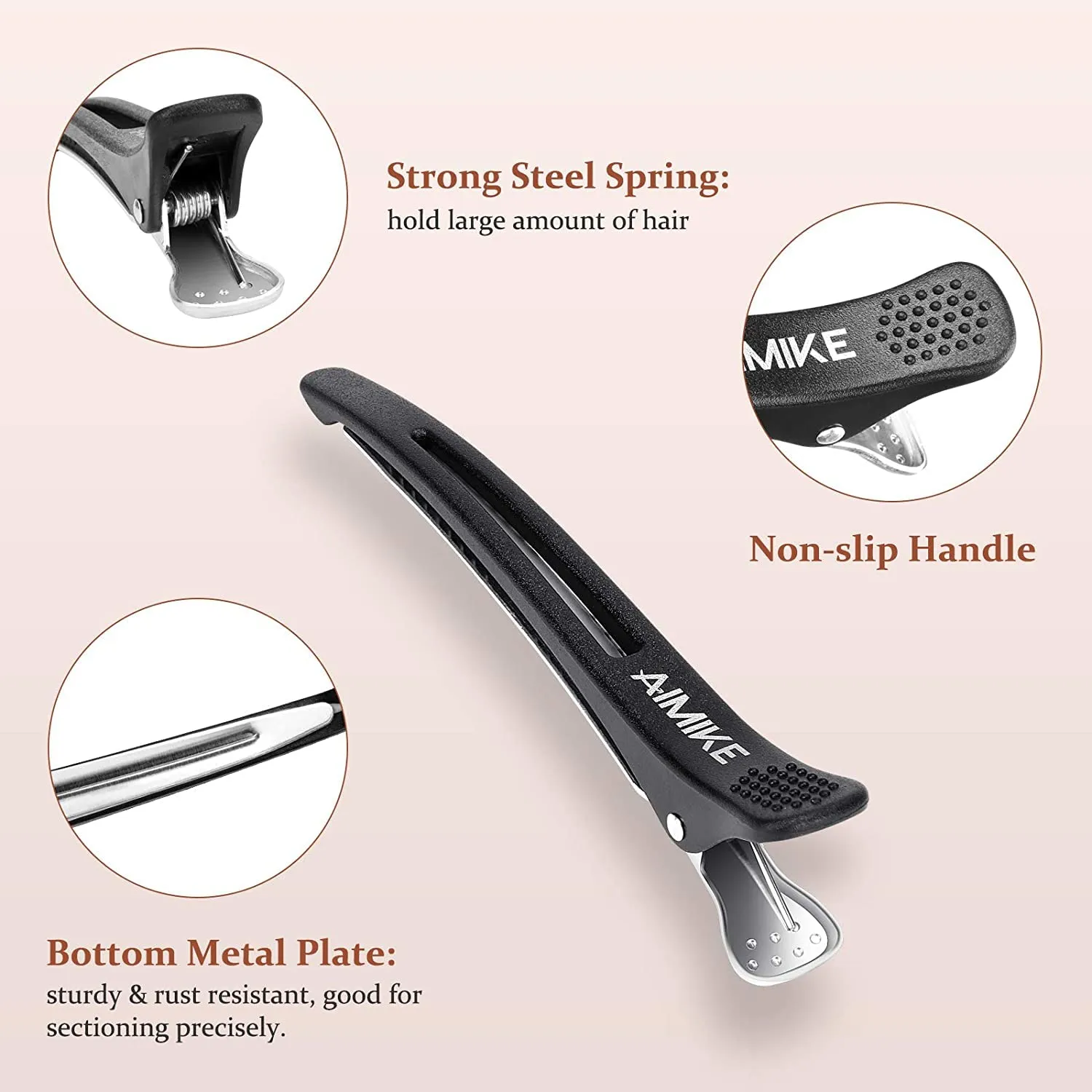 AIMIKE 12pcs Professional Hair Clips for Styling Sectioning, Non Slip No-Trace Duck Billed Hair Clips with Silicone Band, Salon and Home Hair Cutting Clips for Hairdresser, Women, Men - Black 4.3” 12 black