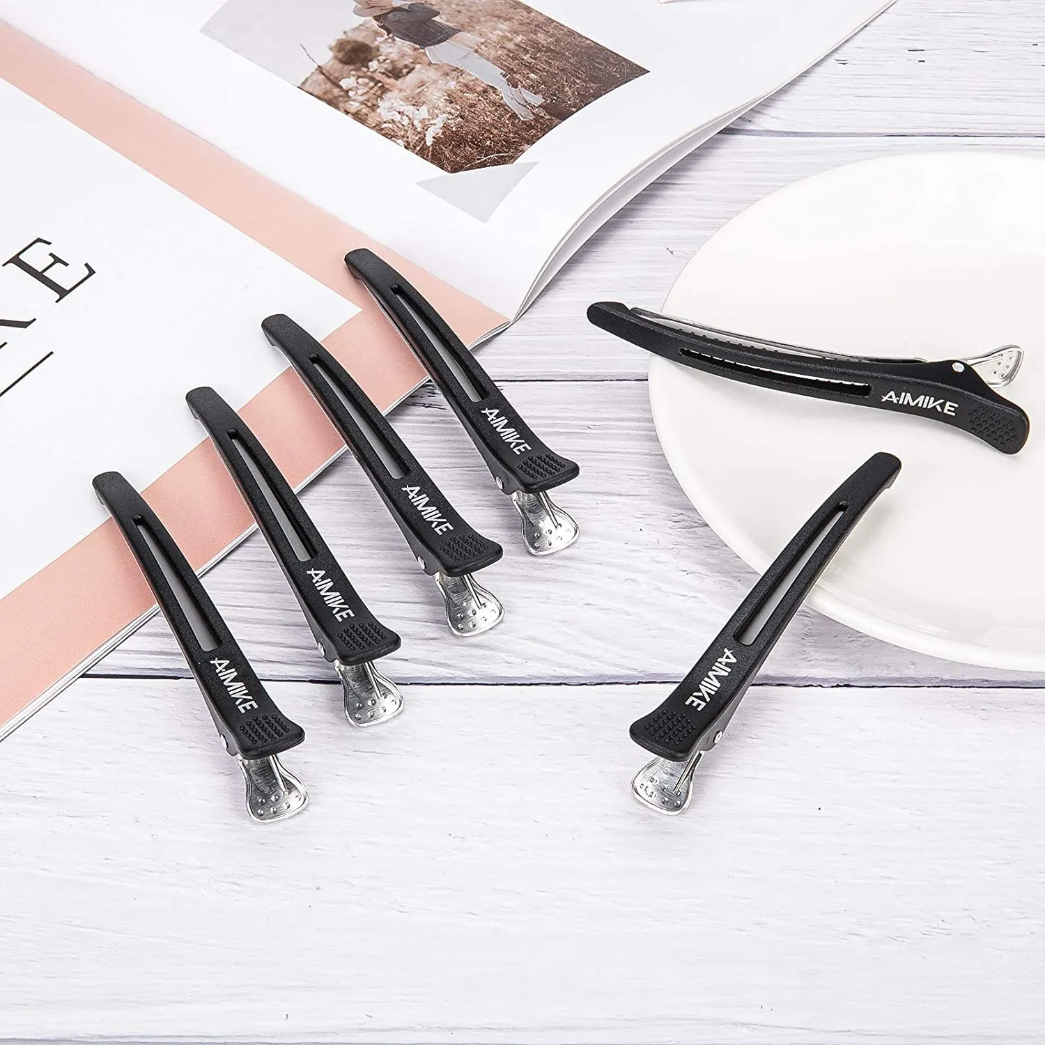 AIMIKE 12pcs Professional Hair Clips for Styling Sectioning, Non Slip No-Trace Duck Billed Hair Clips with Silicone Band, Salon and Home Hair Cutting Clips for Hairdresser, Women, Men - Black 4.3” 12 black