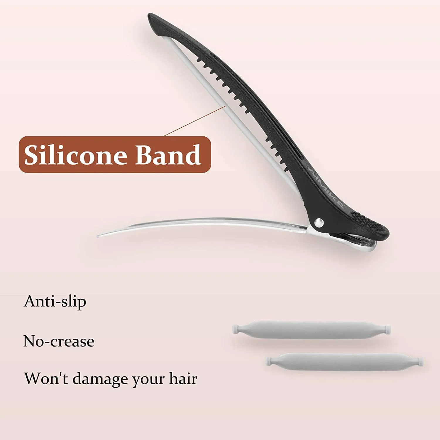 AIMIKE 12pcs Professional Hair Clips for Styling Sectioning, Non Slip No-Trace Duck Billed Hair Clips with Silicone Band, Salon and Home Hair Cutting Clips for Hairdresser, Women, Men - Black 4.3” 12 black