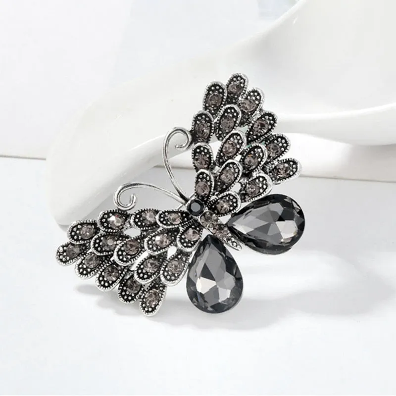 Ajojewel Gray Crystal Butterfly Rhinestone Brooch Vintage Insect Jewelry For Women