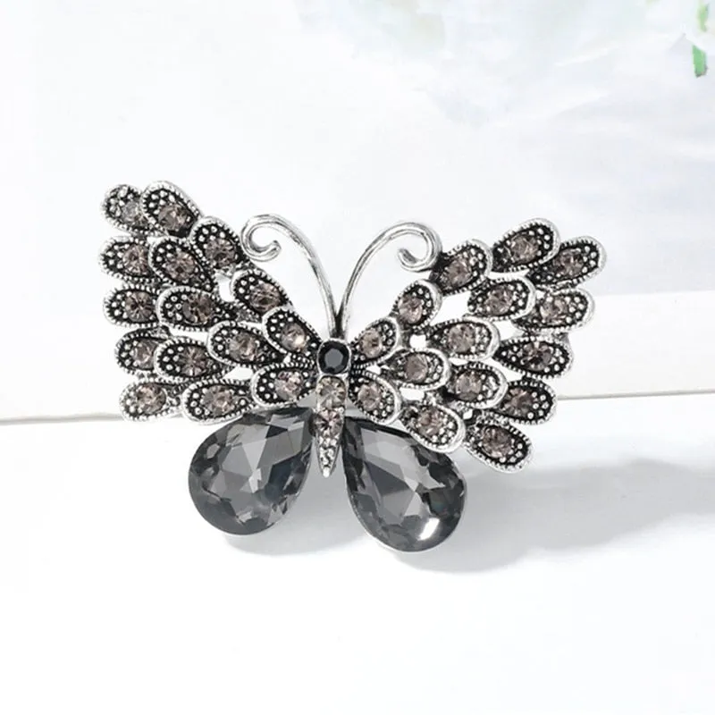 Ajojewel Gray Crystal Butterfly Rhinestone Brooch Vintage Insect Jewelry For Women