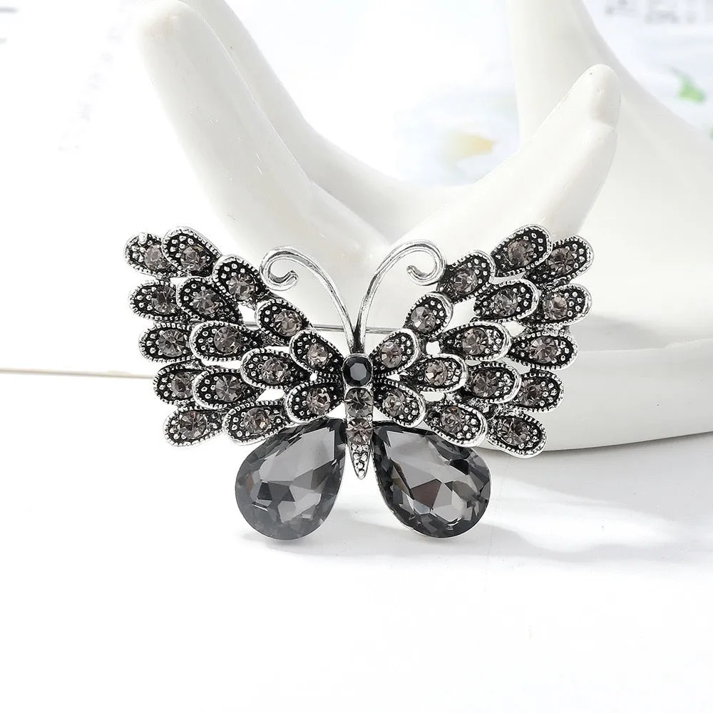 Ajojewel Gray Crystal Butterfly Rhinestone Brooch Vintage Insect Jewelry For Women