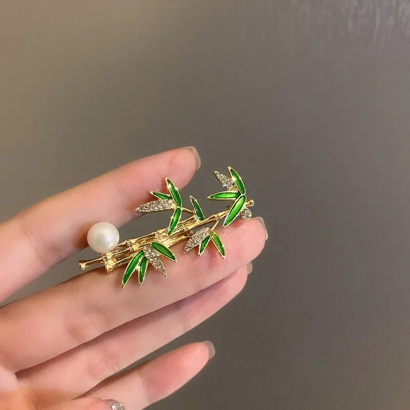 Ajojewel Green Leaf Bamboo Brooch Rhinestone Crystal Costume Jewelry Chinese Style Pearl Brooches