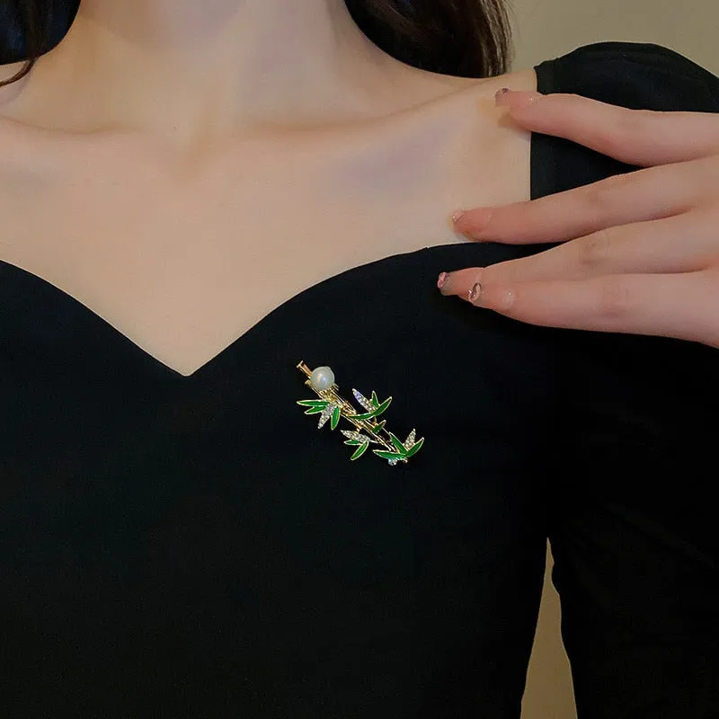 Ajojewel Green Leaf Bamboo Brooch Rhinestone Crystal Costume Jewelry Chinese Style Pearl Brooches