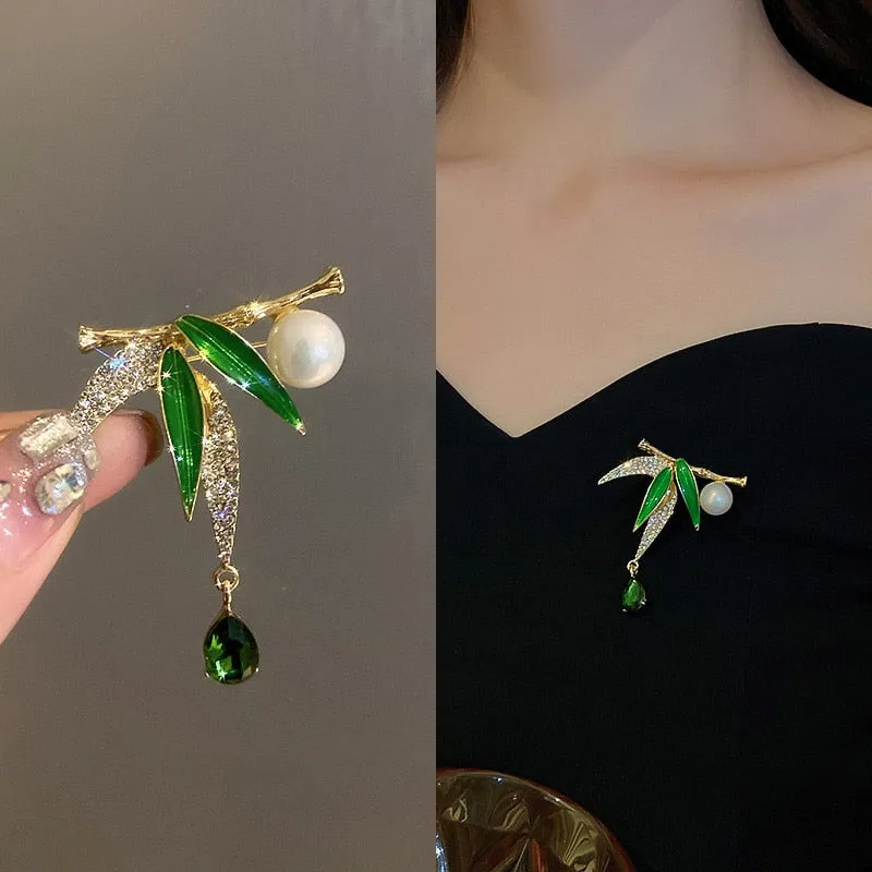 Ajojewel Green Leaf Bamboo Brooch Rhinestone Crystal Costume Jewelry Chinese Style Pearl Brooches
