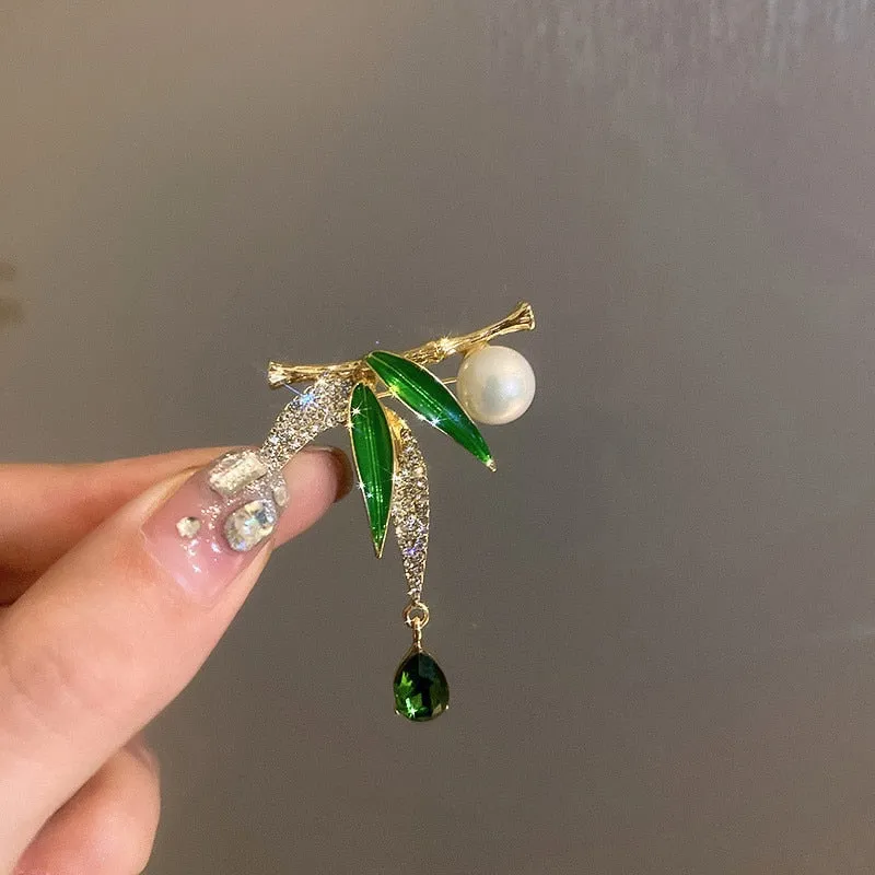 Ajojewel Green Leaf Bamboo Brooch Rhinestone Crystal Costume Jewelry Chinese Style Pearl Brooches