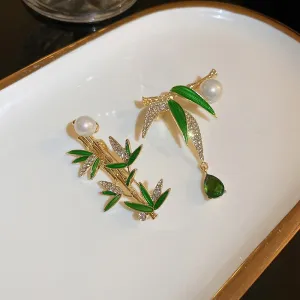 Ajojewel Green Leaf Bamboo Brooch Rhinestone Crystal Costume Jewelry Chinese Style Pearl Brooches