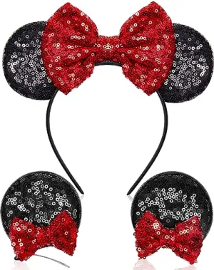 Akkya Mouse Ears Headband Hair Clips Accessories for Women Girl Kid Adult Birthday Party Princess Park Costume Mini Bow Present Black