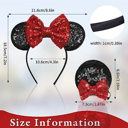 Akkya Mouse Ears Headband Hair Clips Accessories for Women Girl Kid Adult Birthday Party Princess Park Costume Mini Bow Present Black