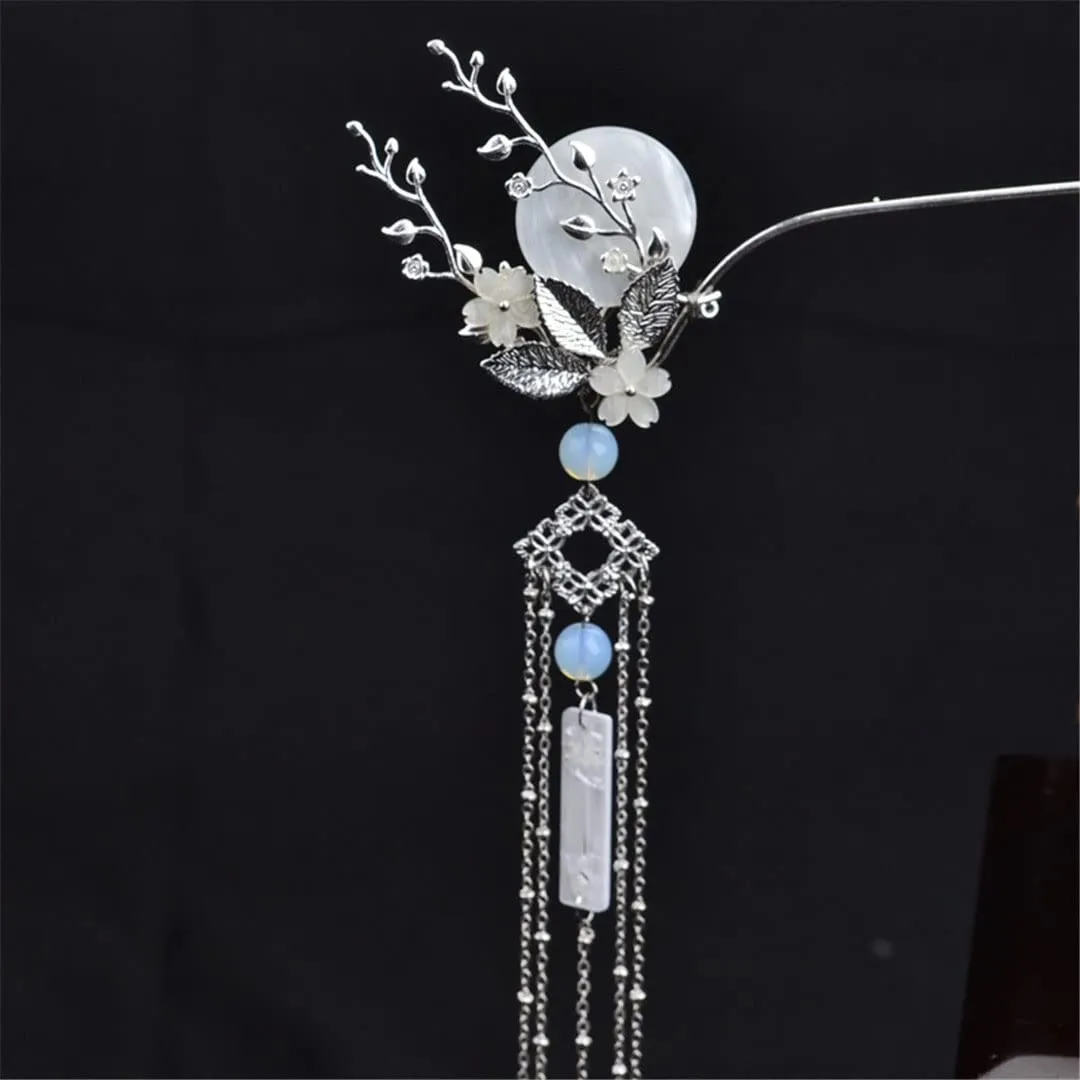 Ancient Retro Tassel Handmade Silver Moon Hair Clip silver