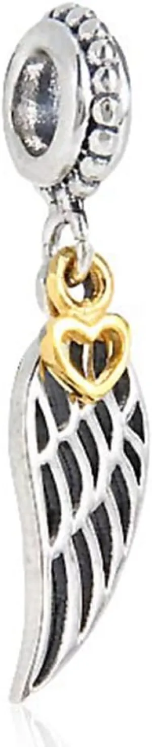 Angel Charm Wing Charm with Heart Charm 925 Sterling Silver Feather Charm Christmas Charm for Pandora Bracelet