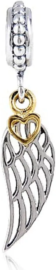 Angel Charm Wing Charm with Heart Charm 925 Sterling Silver Feather Charm Christmas Charm for Pandora Bracelet