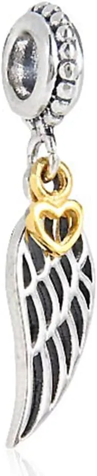 Angel Charm Wing Charm with Heart Charm 925 Sterling Silver Feather Charm Christmas Charm for Pandora Bracelet